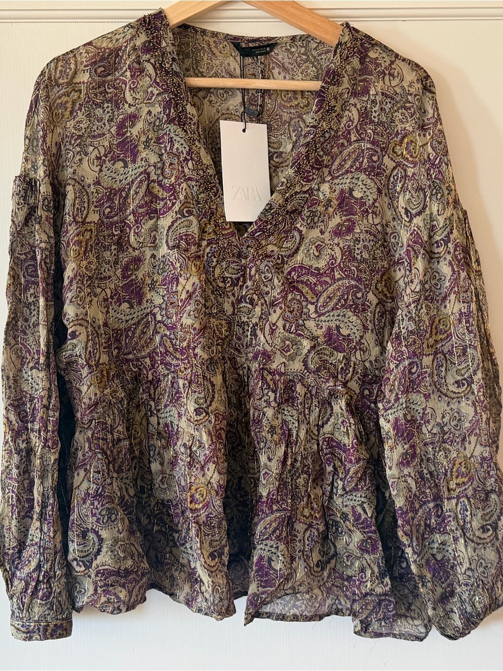 Zara Olive and Purple Paisley V-Neck Blouse
